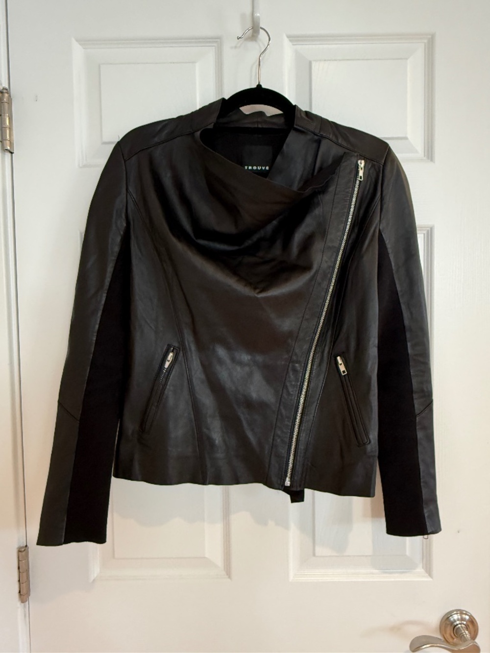 Trouvé Black Leather Asymmetrical Moto Jacket Draped Collar Size Small